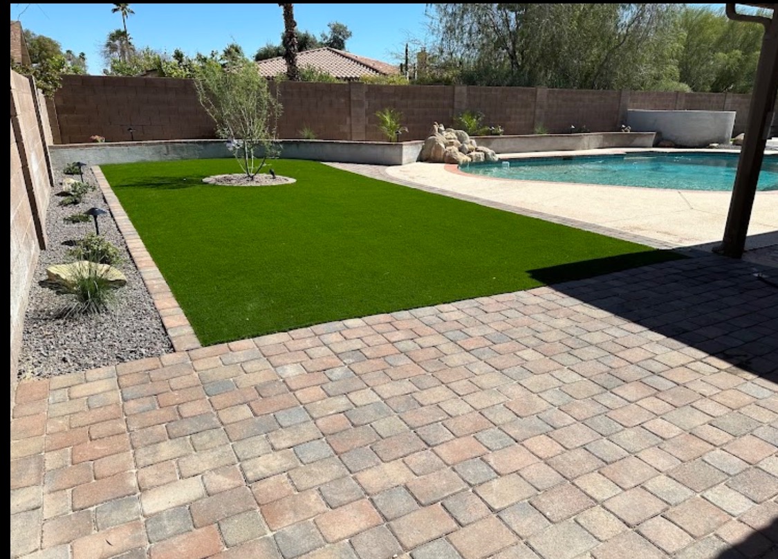 Backyard with artificial turf, pool and paver deck, Glendale AZ